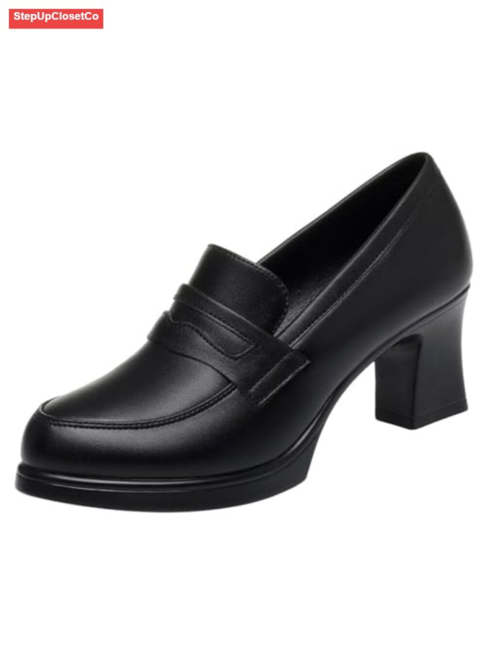 Women's Leather Chunky Heel Loafer Pumps Round Toe Slip On